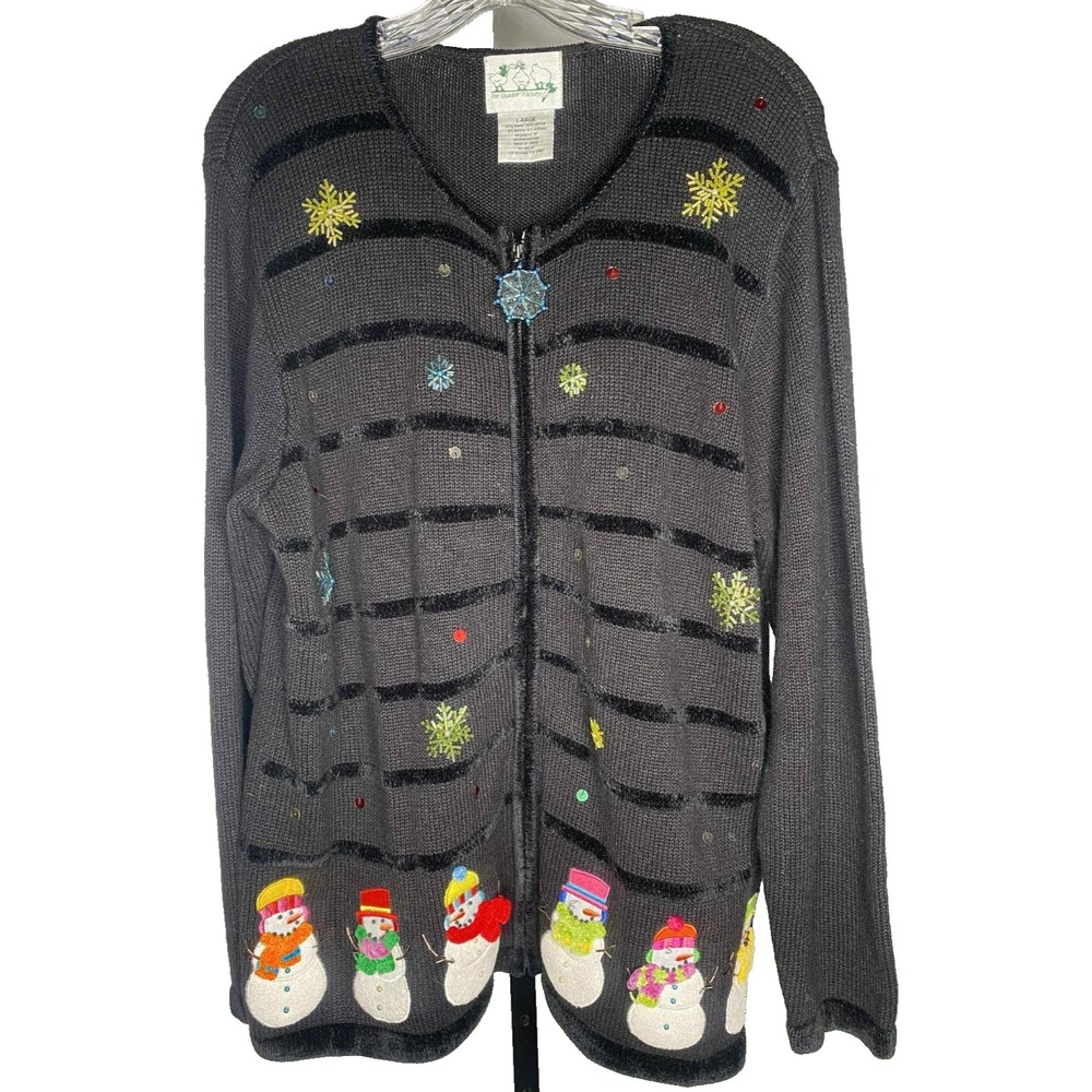 Vintage The Quacker Factory Full Zip Beaded‎ Embroidered Snowman Sweater Size L